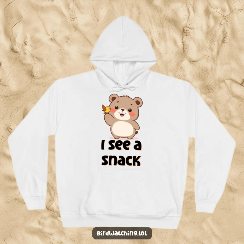 Funny hoodie featuring a very happy bear pointing with excitement towards a small, fluttering bird.