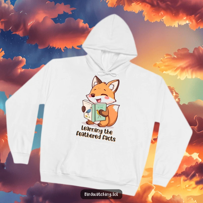 Funny hoodie depicting a joyful fox with a bird identification book, radiating happiness and a love for bird watching.