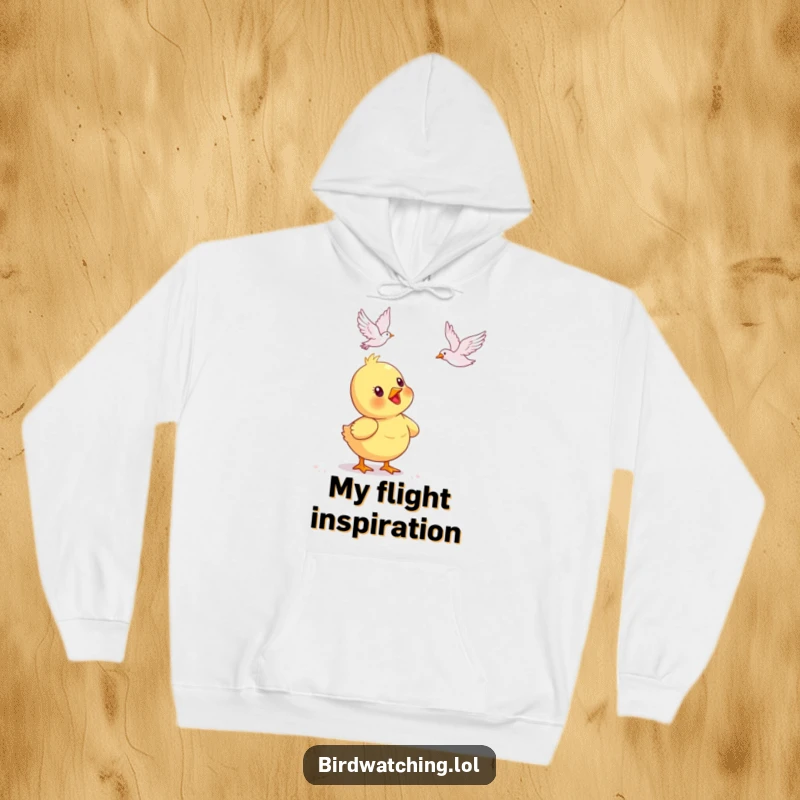 Funny duckling hoodie, watching a bird fly with pure delight. Cozy and heartwarming apparel. Great gift.
