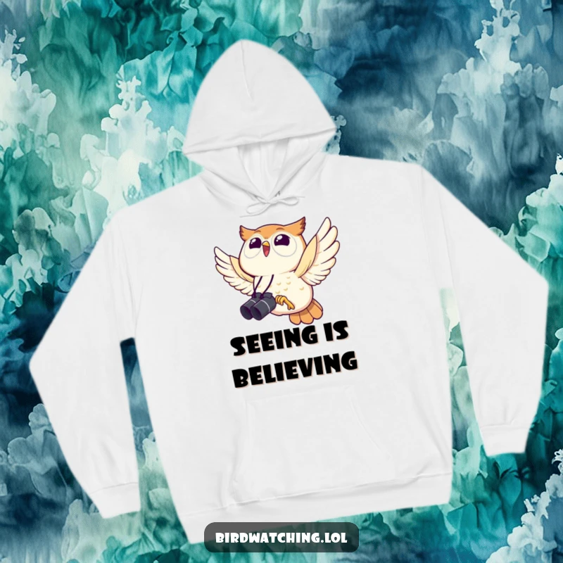 Funny owl hoodie, joyfully carrying binoculars in talons, a whimsical depiction of an avid bird watcher.