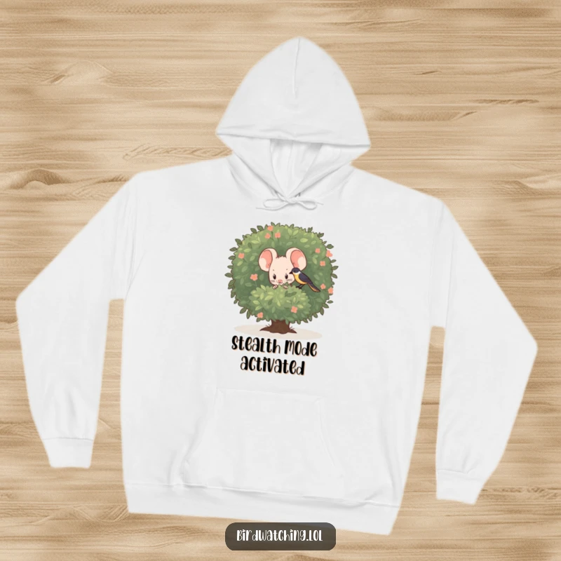 Funny shy mouse hoodie, peeking from cover to watch a bird, offering warmth and adorable humor.