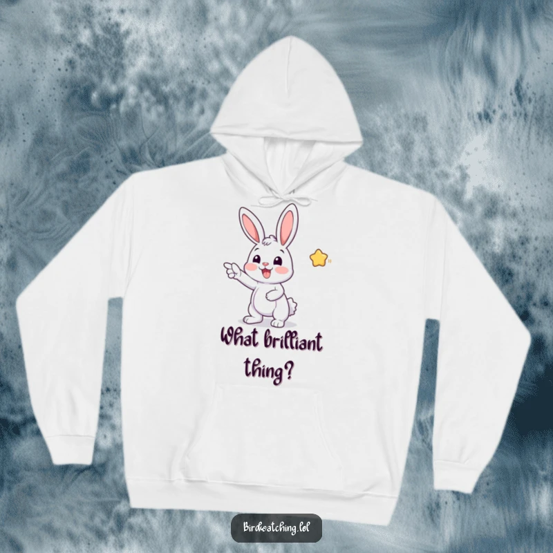Funny hoodie with a cheerful bunny pointing excitedly towards the horizon, exuding happiness and anticipation, a comfortable and humorous apparel item.