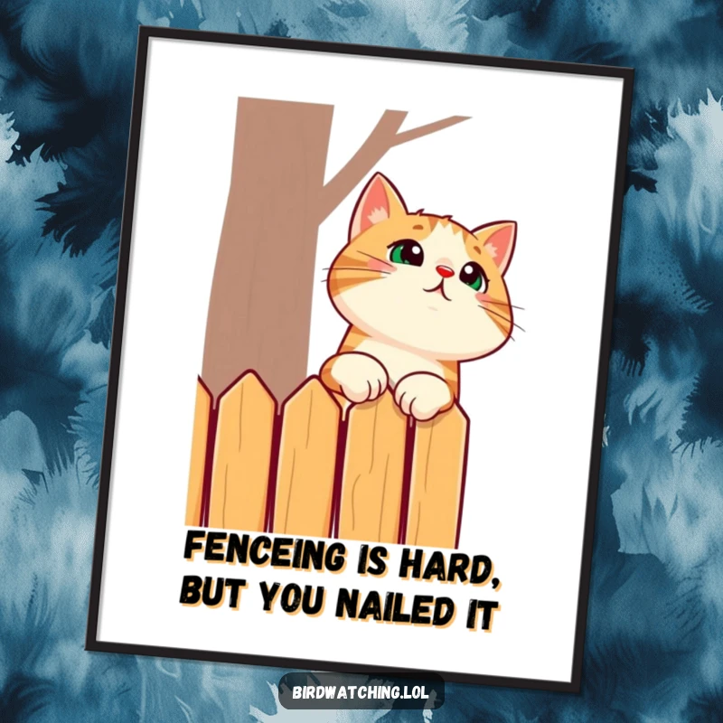 Funny Free Printable Wall Art: A surprised cat hilariously stretches its neck to see over a tall fence, full of curiosity.
