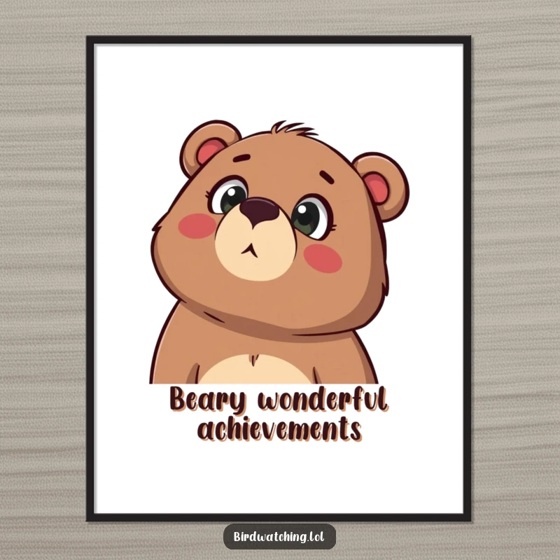 Funny Free Printable Wall Art of a determined bear gazing upwards with its mouth agape in pure wonder and amazement.