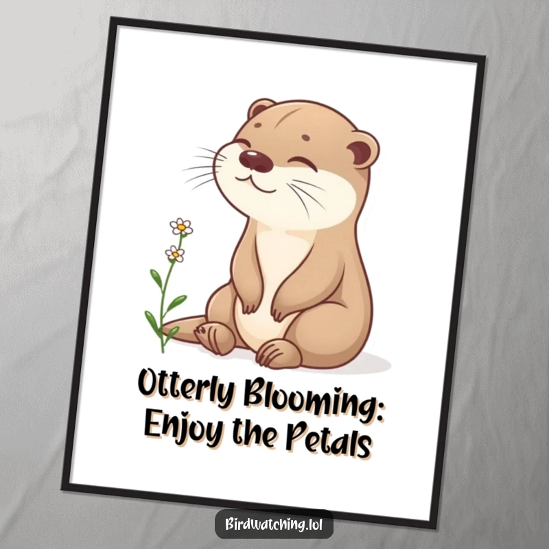 Funny Free Printable Otter Wall Art: A content otter sits peacefully observing a flower, creating a tranquil and humorous scene.