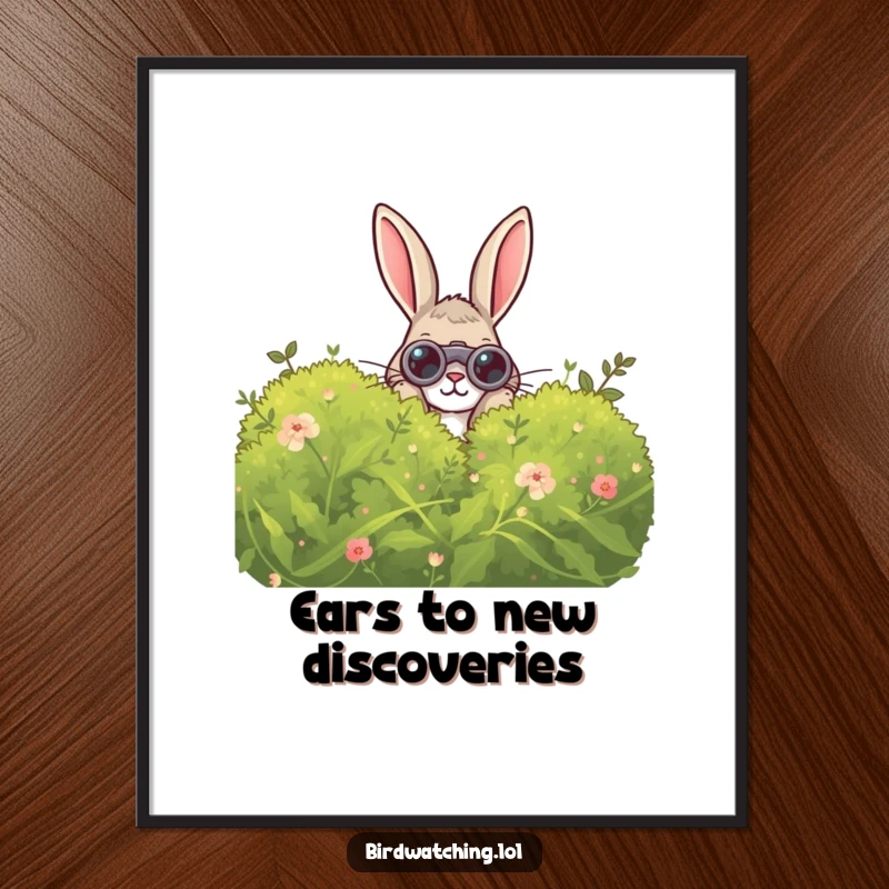 Funny Free Printable Wall Art: A curious rabbit peeks from behind a bush with binoculars, observing the world.