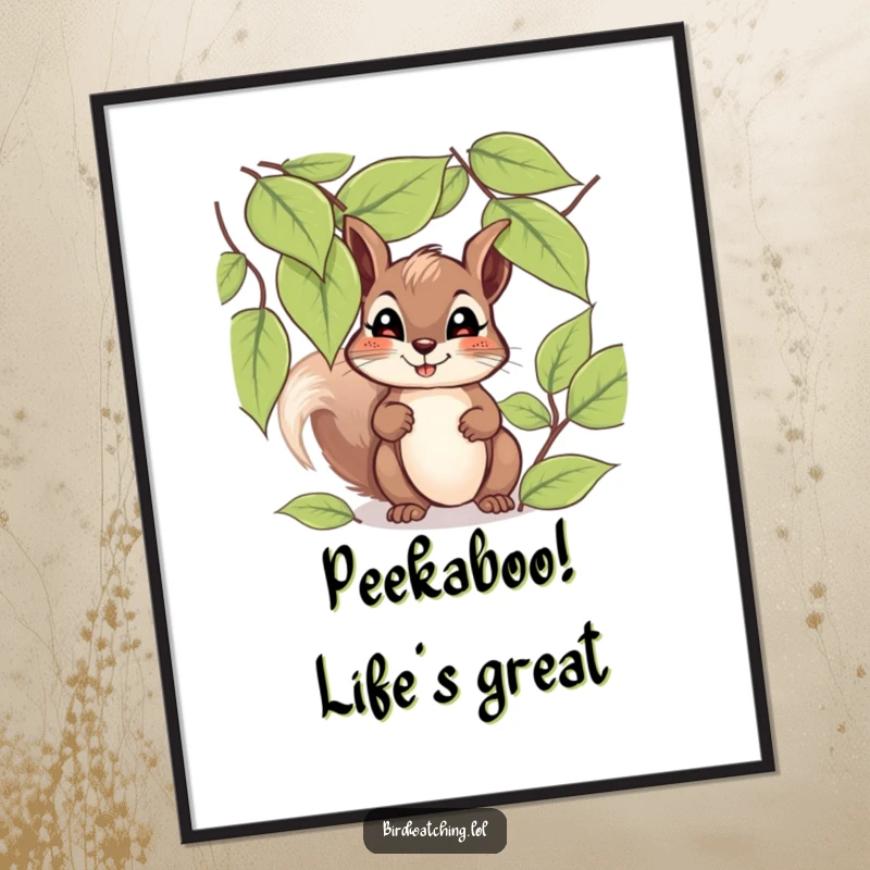Funny Free Printable Wall Art: Giggling squirrel peeks through leaves with a hopeful expression, full of mirth.
