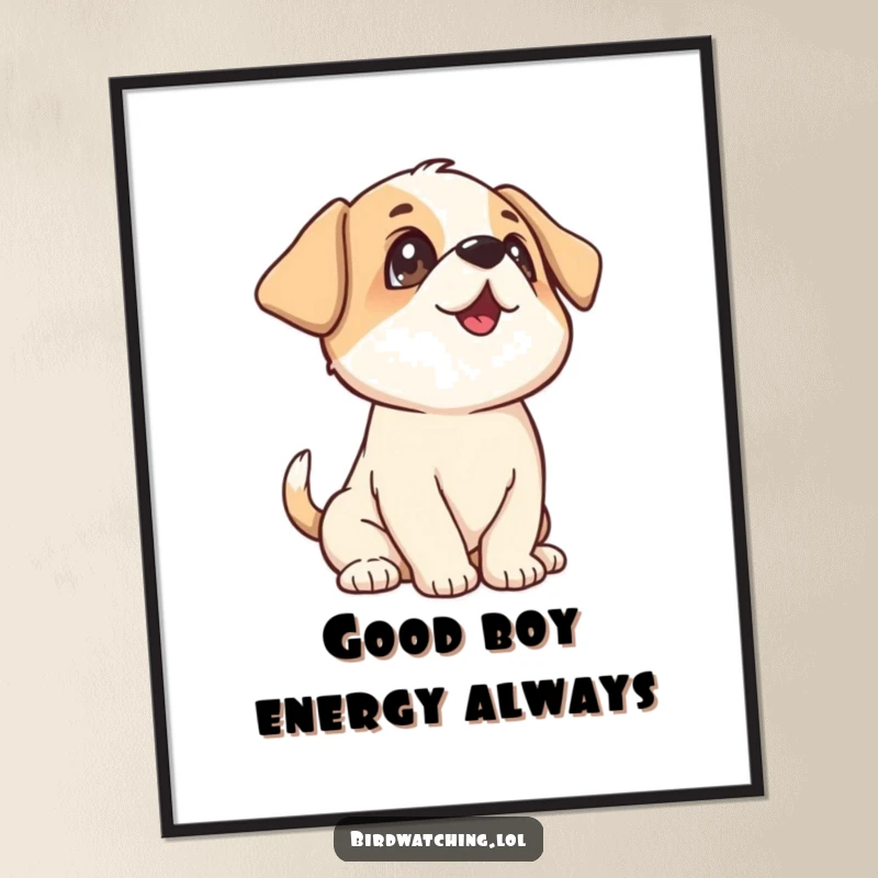 Funny Free Printable Wall Art: A playful puppy wags its tail, looking upwards with pure, happy energy.