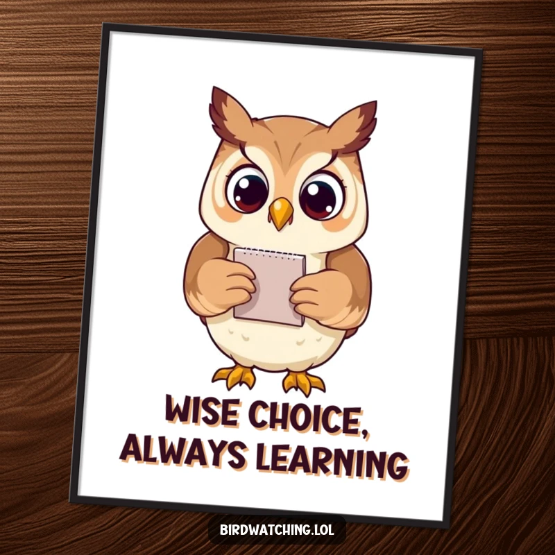 Funny Free Printable Wall Art: A proud owl holding a small notepad, looking scholarly and witty, ideal for any room.