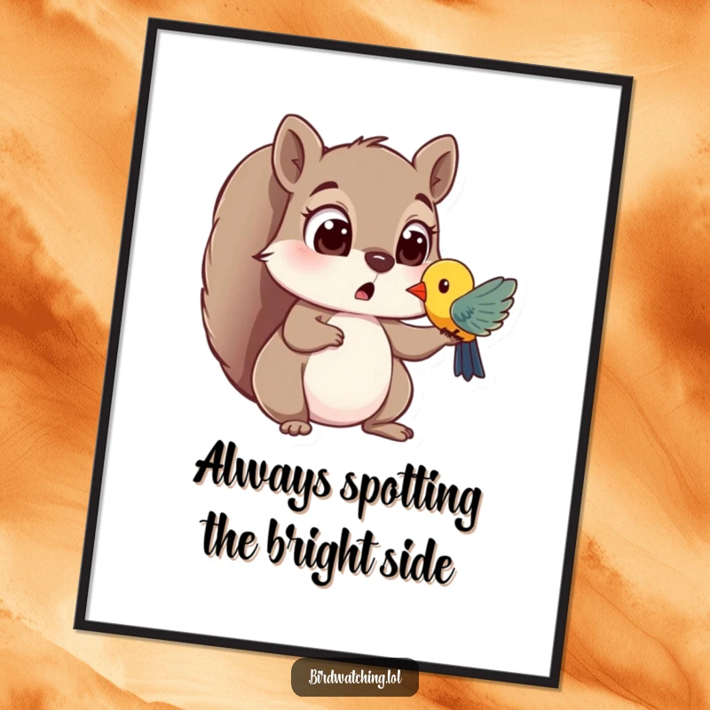 Funny Free Printable Wall Art: Surprised squirrel with wide eyes spots a colorful bird, a moment of whimsical discovery.