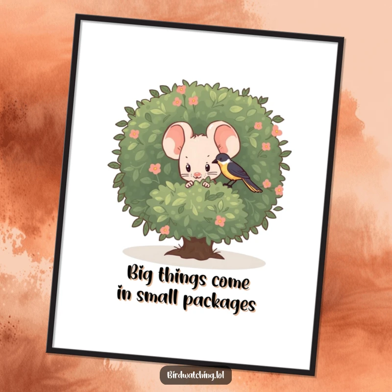 Funny Free Printable Wall Art: A timid mouse peeking from behind a green bush, observing a nearby bird with fascination.