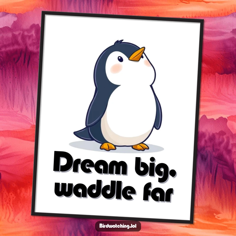 Funny Free Printable Wall Art: A wobbly penguin looking up in wonder at the sky, humorous downloadable landscape art.