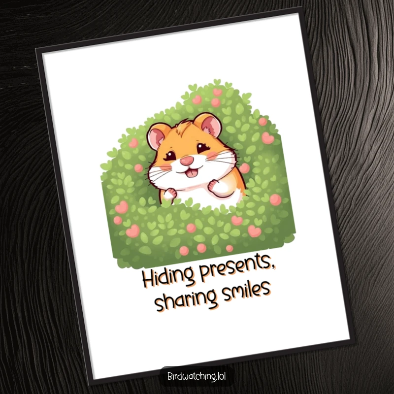 Funny Free Printable Wall Art: A giggling hamster peeking mischievously from behind a bush, full of joy and humor.