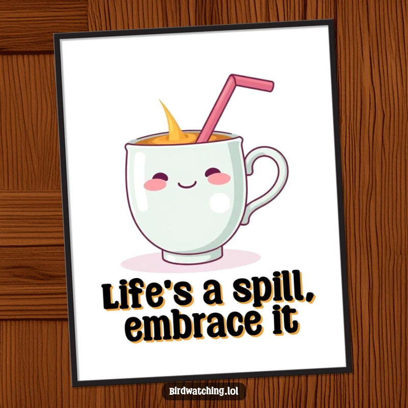 Funny Free Printable Wall Art: Cheerful teacup with a straw on its handle spills its drink dramatically.