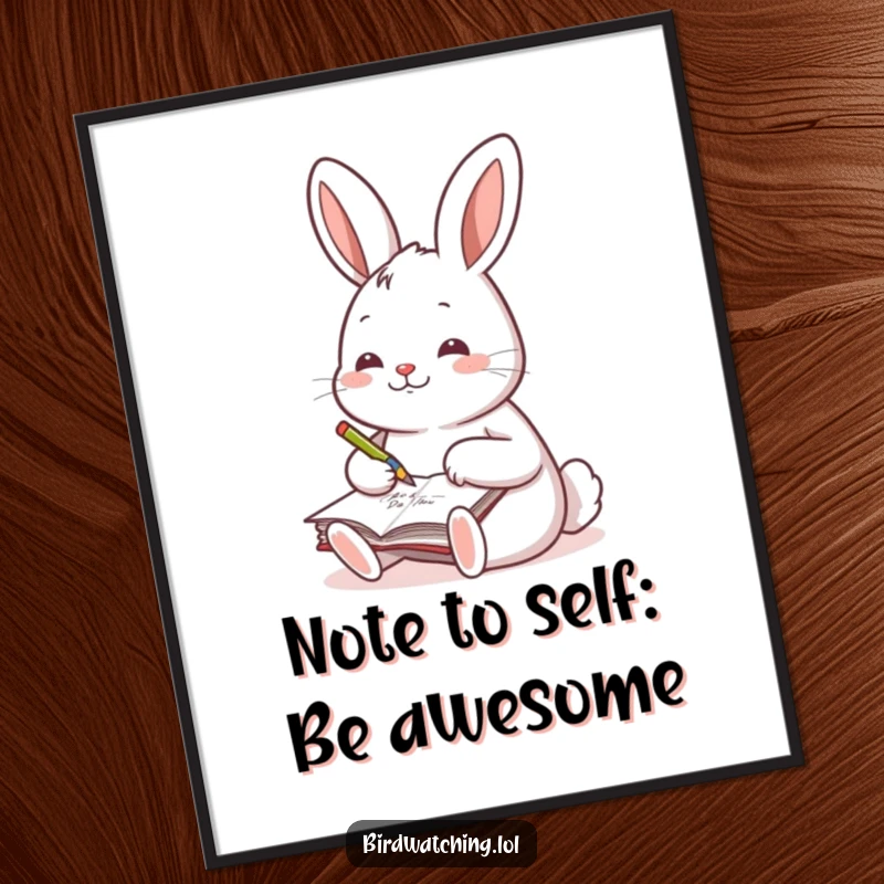 Funny Free Printable Wall Art: A cheerful rabbit engrossed in scribbling notes in a small journal, a scene of happy productivity.