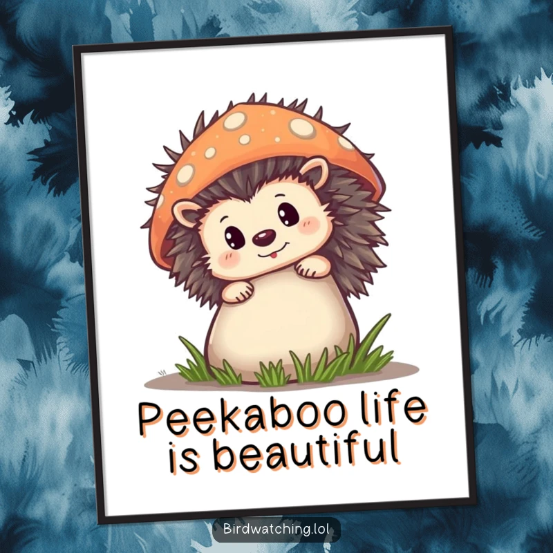 Funny Free Printable Wall Art: A curious hedgehog peeking from behind a large mushroom, adding whimsical charm to your wall.