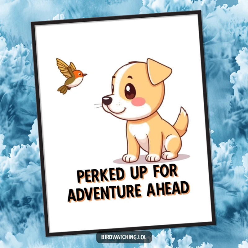 Funny Free Printable Wall Art: A playful dog spotting a distant bird, with its ears perked up attentively. Humorous downloadable decor.
