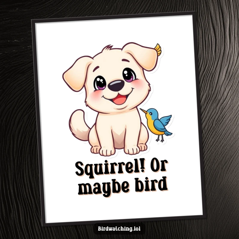 Funny free printable wall art of a happy dog with wide eyes and a wagging tail, full of excited energy.