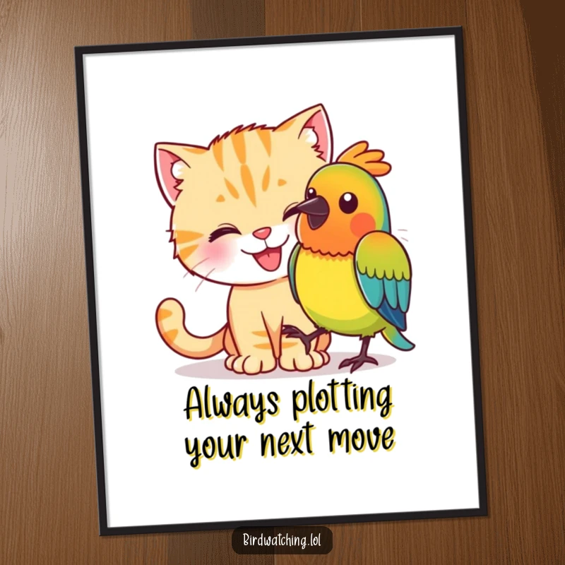 Funny Free Printable Wall Art: A happy cat creeping up on a colorful bird. Whimsical downloadable decor.