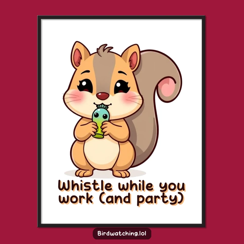 Free Printable Wall Art: Funny Squirrel with Bird Whistle, Whimsical Downloadable Decor