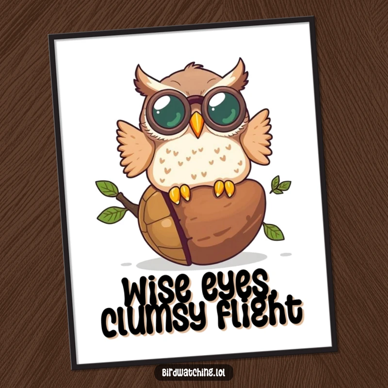 Funny Free Printable Wall Art: Plump owl with oversized binoculars crashes into a giant acorn, humorous wall decor.