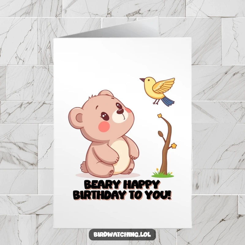 Funny Free Printable Birthday Card: Curious bear cub gazing upwards with wonder at a tiny bird, anticipating birthday treats.