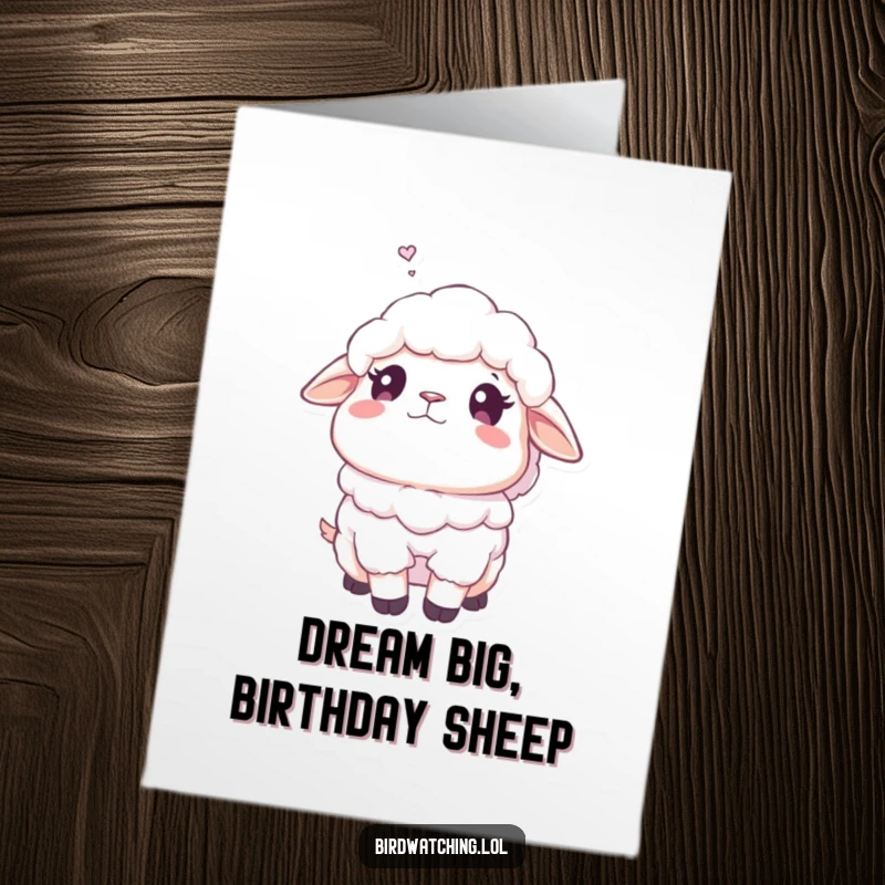 Funny Free Printable Birthday Card: A fluffy sheep gazing upwards dreamily, lost in whimsical birthday fantasies.