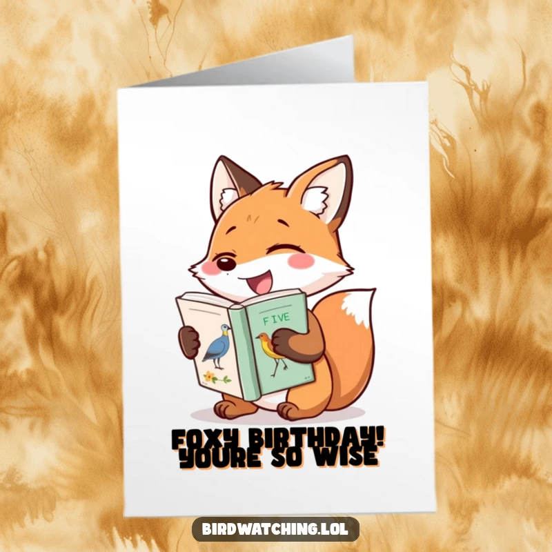Funny Free Printable Birthday Card: Giggling fox joyfully clutching a bird identification book, ready for a birthday celebration.