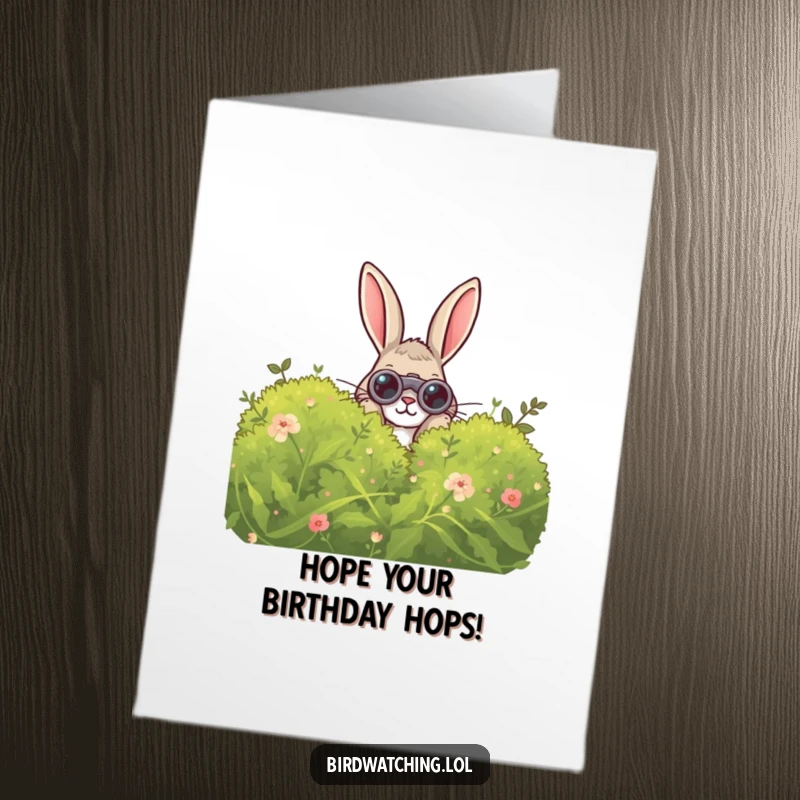 Funny Free Printable Birthday Card: A curious rabbit peeks from behind a bush, binoculars ready to spot the celebration.