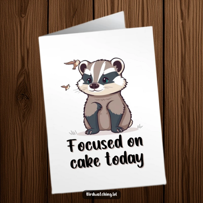 Funny Free Printable Birthday Card: A determined badger intently watching a distant flyer, ready to pounce on birthday fun.
