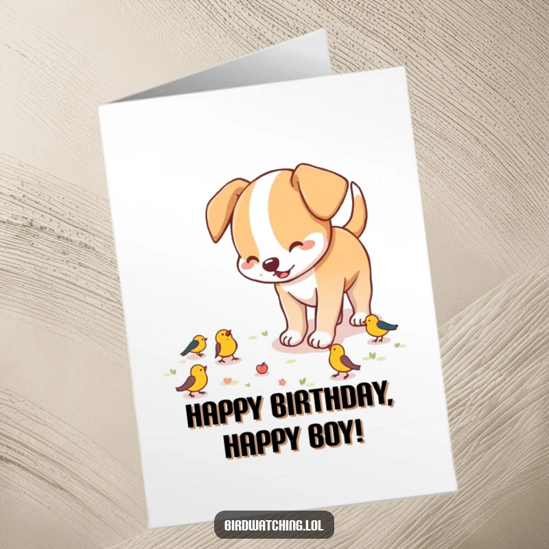 Funny Free Printable Birthday Card: Playful dog enthusiastically sniffing the ground, searching for birds, capturing the joy of a birthday hunt.