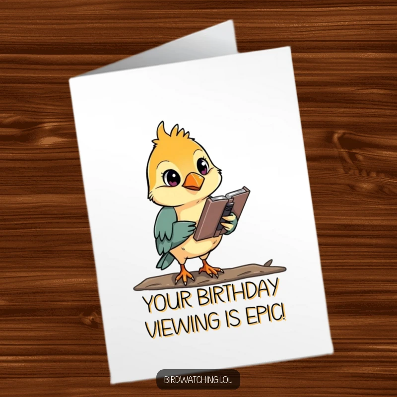 Funny Free Printable Birthday Card: Determined bird watcher with sketchbook, focused on spotting. Unique downloadable greeting.