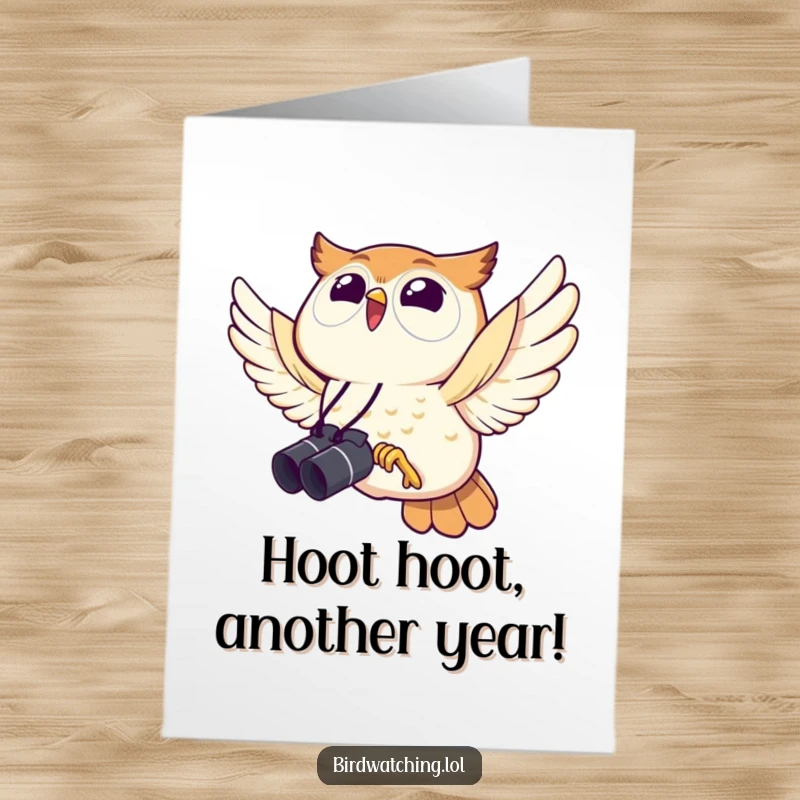 Funny Free Printable Birthday Card: Joyful owl with binoculars spotting birthday fun, perfect for laughs.