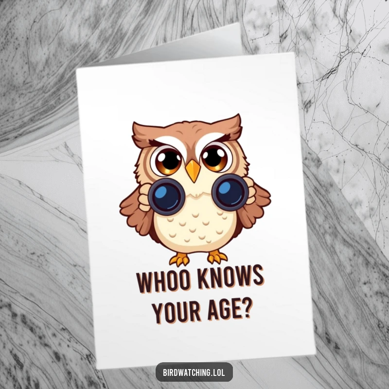 Funny Free Printable Birthday Card: A wide-eyed owl sporting binoculars looks utterly shocked, ready to deliver birthday wishes.