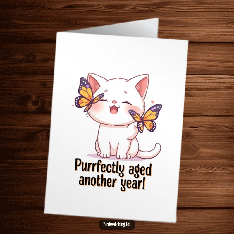 Funny Free Printable Birthday Card: A giggling cat pretends to playfully shoo away a colorful butterfly, celebrating with mirth.