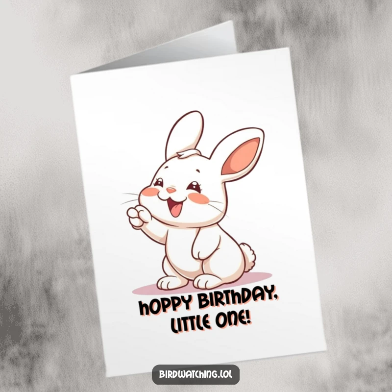 Funny Free Printable Birthday Card: Giggling rabbit points with excitement at a surprise, perfect for laughs.