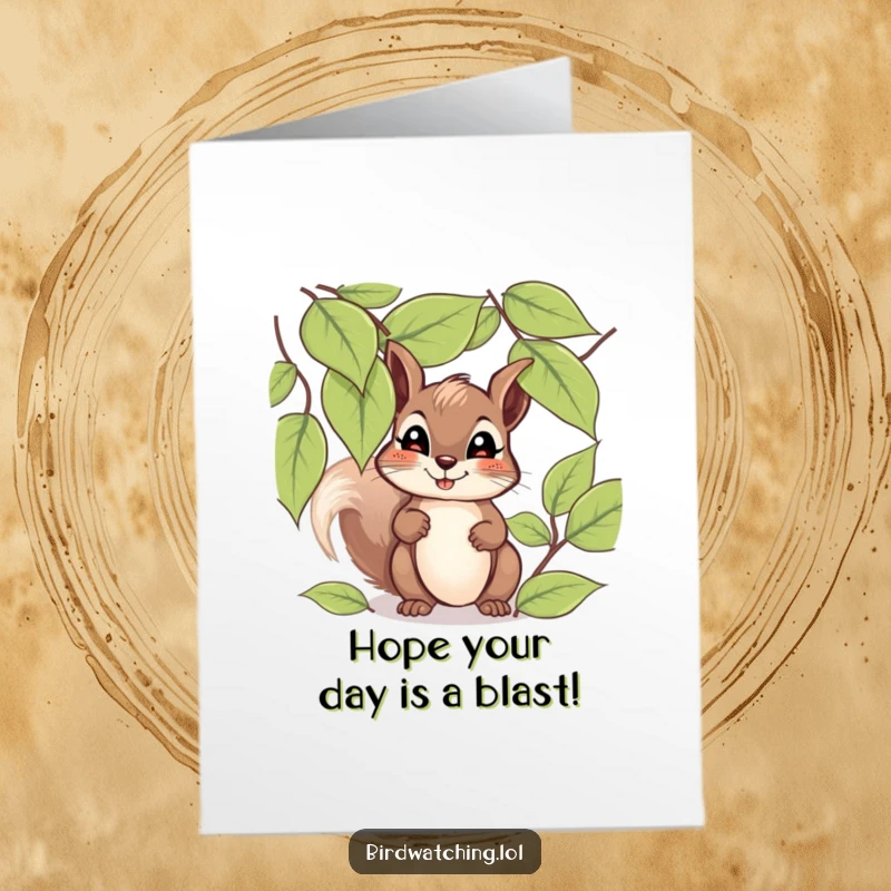 Funny Free Printable Birthday Card: Giggling squirrel peeks through leaves, hopeful for birthday fun.