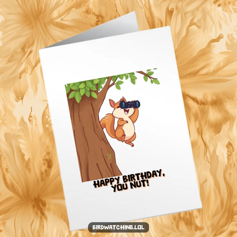 Funny Free Printable Birthday Card: A gleeful squirrel mid-leap from a tree, binoculars in hand, celebrates with joy.