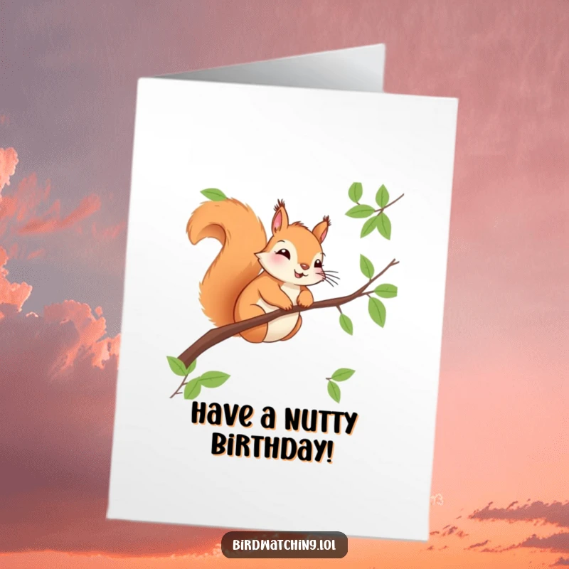 Funny Free Printable Birthday Card: A cheerful squirrel perched on a branch, observing the festivities.