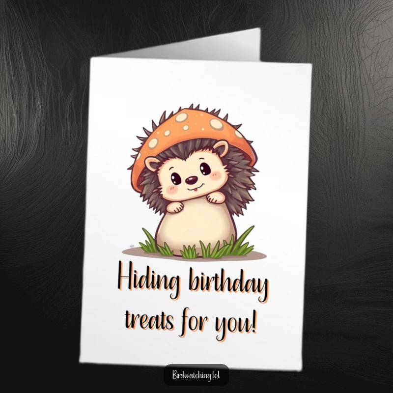 Funny Free Printable Birthday Card: A curious hedgehog peeking from behind a large mushroom, ready for birthday fun.