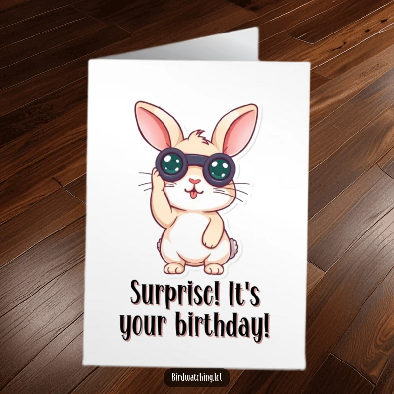 Funny Free Printable Birthday Card: Curious rabbit with binoculars looks surprised, ready for birthday jokes.