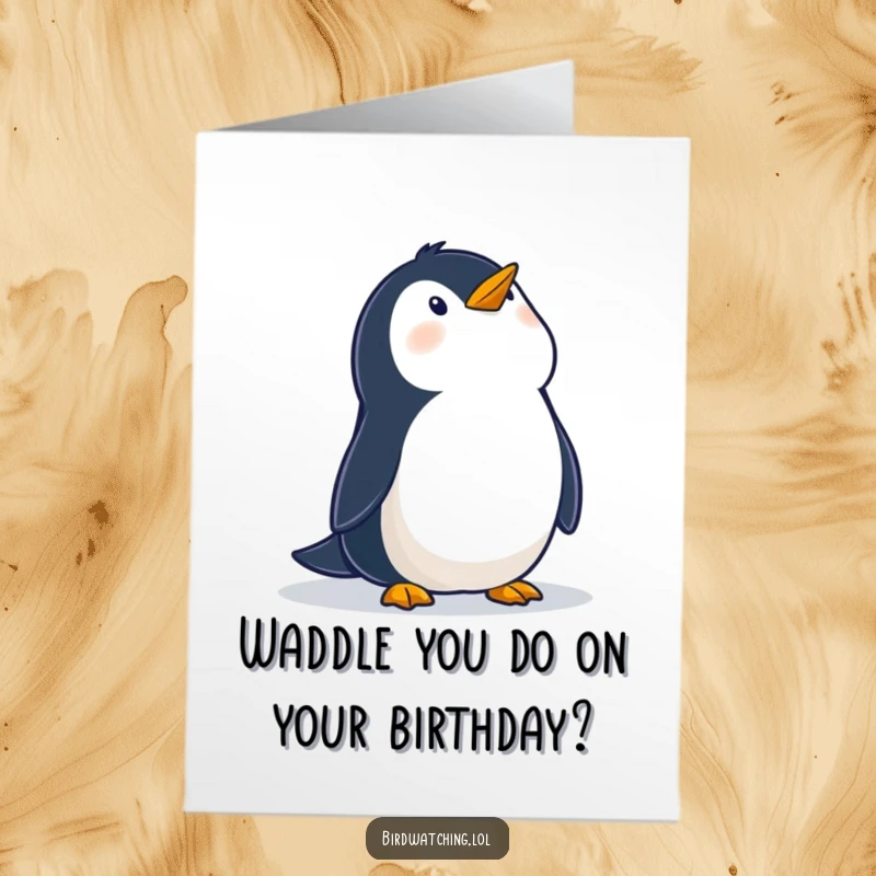 Funny Free Printable Birthday Card: A wobbly penguin looking up in wonder at the sky, a humorous downloadable birthday greeting.