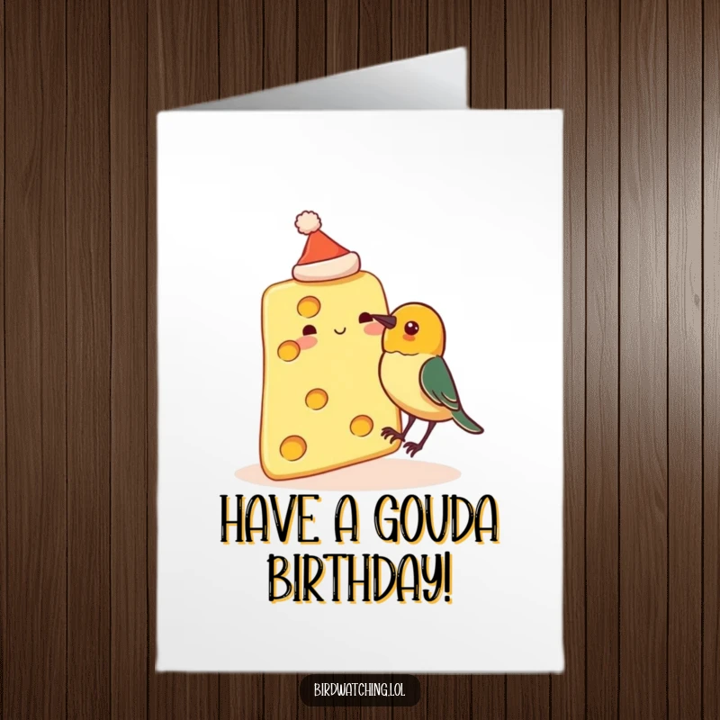 Funny Free Printable Birthday Card: Cheese slice with a tiny hat about to be pecked by a curious bird.