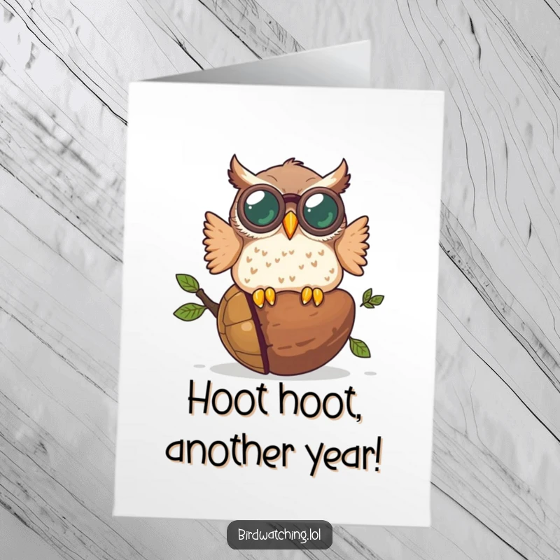 Funny Free Printable Birthday Card: Plump owl with binoculars crashes into a giant acorn, conveying birthday chaos.