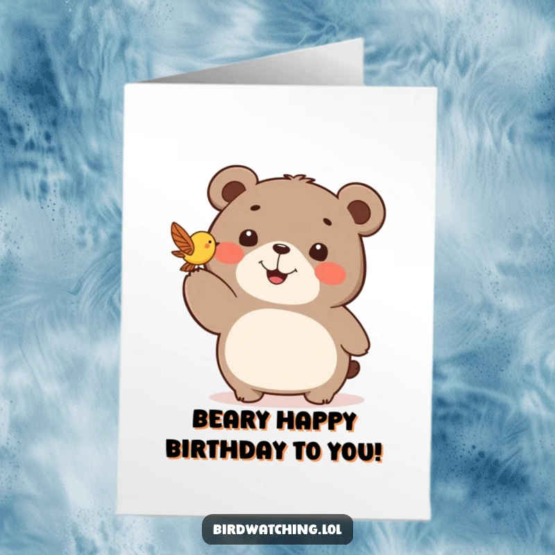 Funny Free Printable Birthday Card: Happy bear points excitedly at a small fluttering bird, depicting pure joy and excitement.