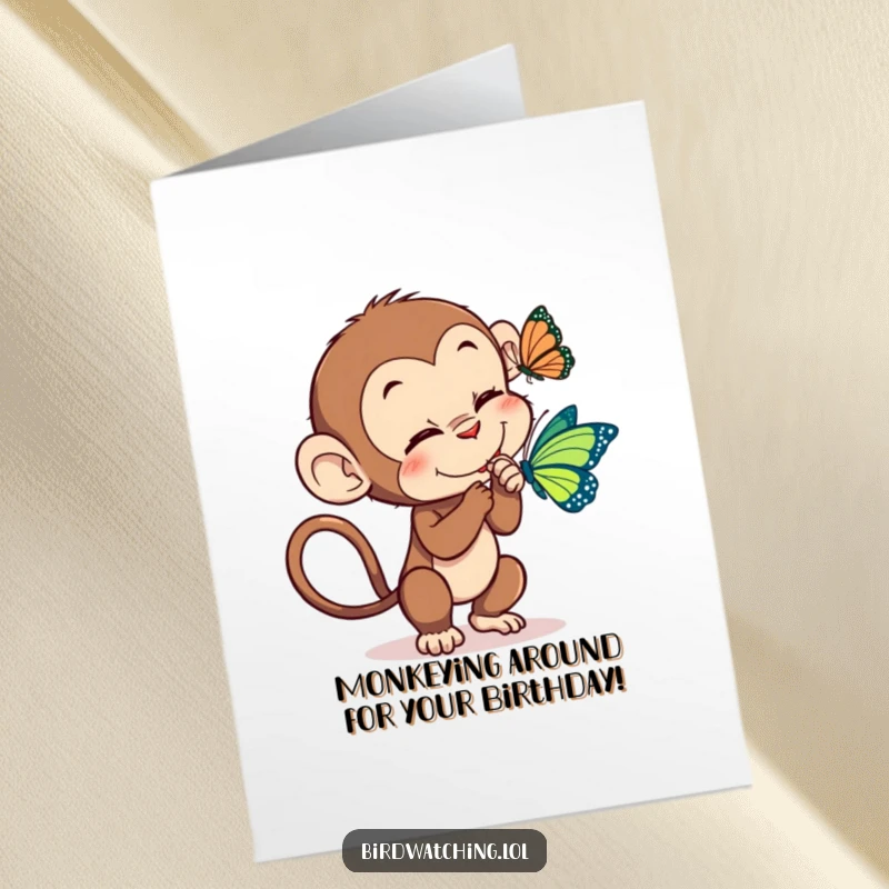 Funny Free Printable Birthday Card: A mischievous monkey playfully tickles a butterfly, a whimsical birthday wish.