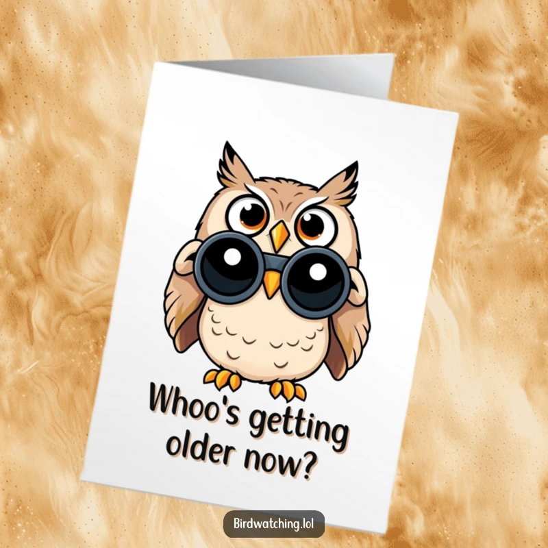 Funny Free Printable Birthday Card: Surprised owl with huge eyes peering through binoculars, ready to deliver a hilarious birthday message.