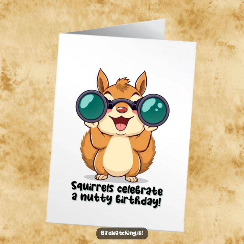 Funny Free Printable Birthday Card: Excited squirrel with binoculars, ready for some birthday fun. A hilarious downloadable greeting.