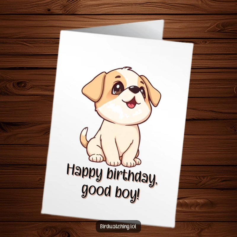 Funny Free Printable Birthday Card: A playful puppy wags its tail enthusiastically, looking upwards with happy anticipation.