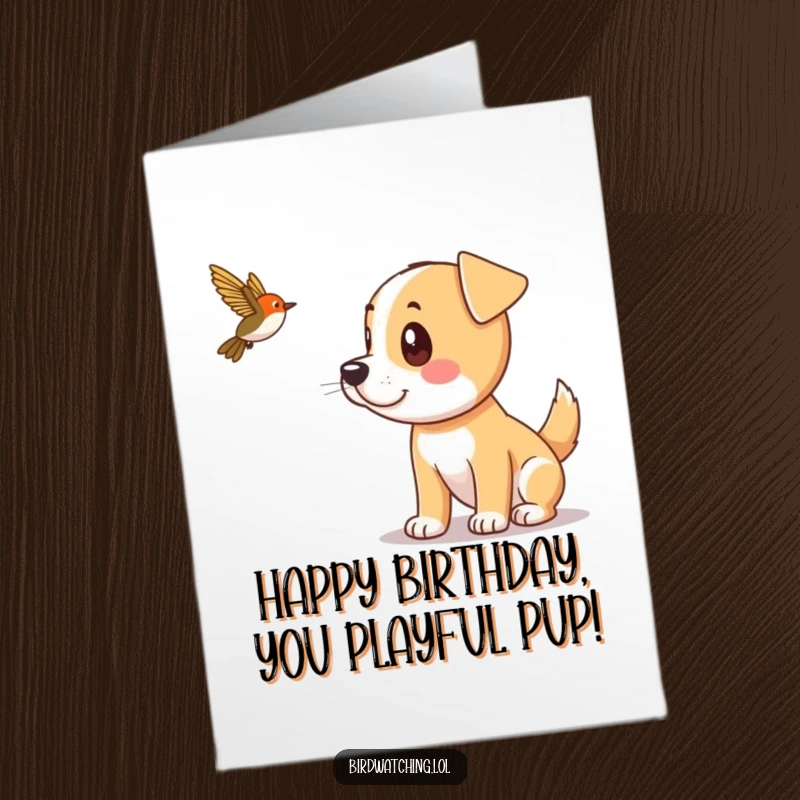 Funny Free Printable Birthday Card: A playful dog spotting a distant bird with alert ears. Energetic downloadable greeting.